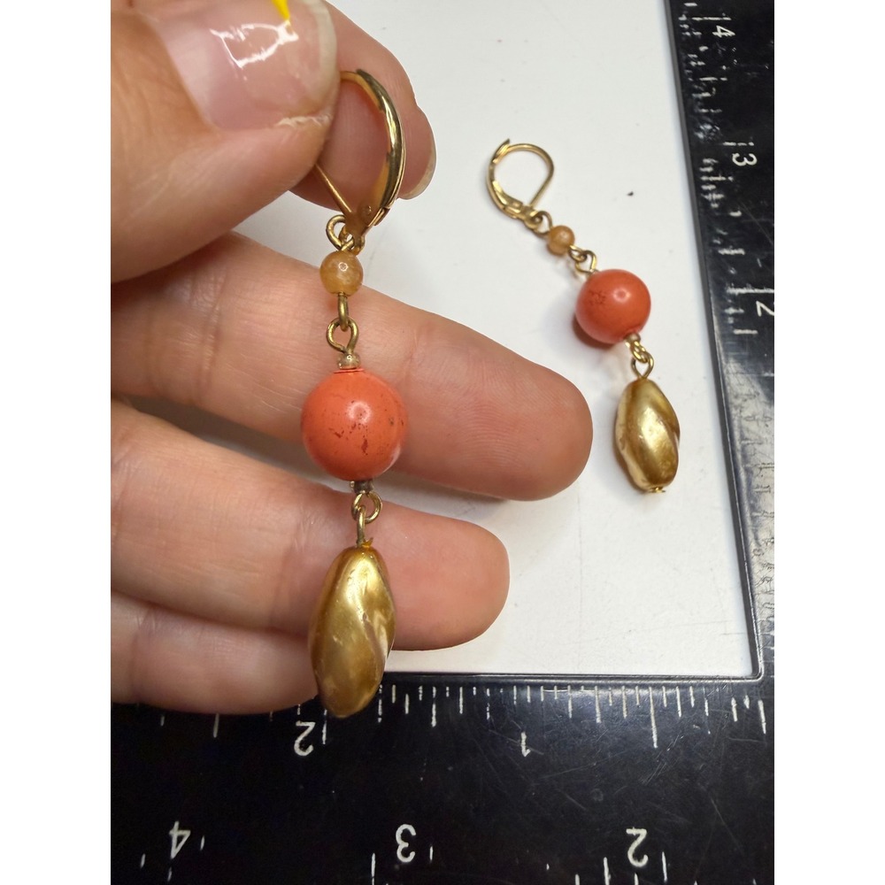 Gold Tone Coral Bead Leverback Drop Earrings Twisted Teardrop Dangle 2 Inch